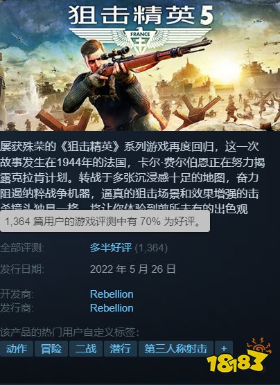 《狙击精英5》Steam评价回升：超7成玩家给出好评