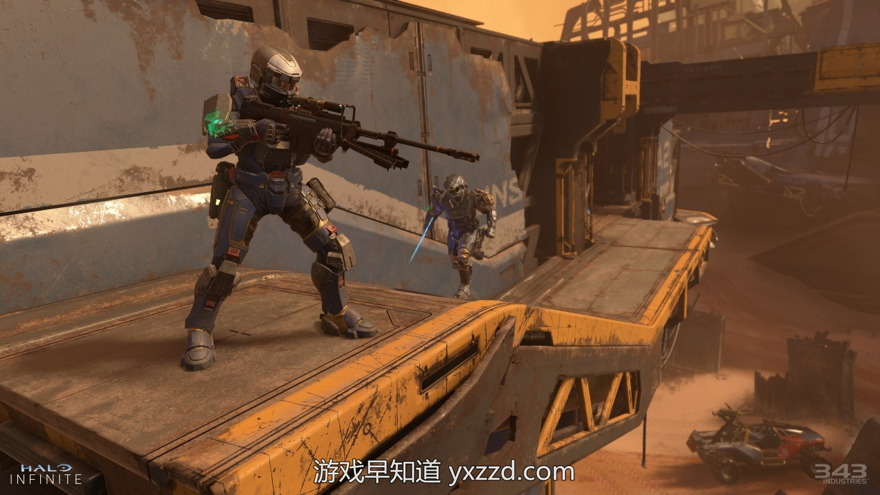 Screenshot of a Spartan with an energy sword approaching another with a sniper on Breaker